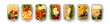 © Olga - Weekly meal prep with seven homemade lunch boxes on a white background. Healthy balanced meals with pasta, chicken, seafood, fish, vegetables, quinoa, couscous, barley, and rice.
