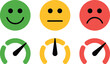 © Doa - Satisfaction icon set, smiley face indicators and rating gauges representing user experience feedback quality assessment and surveys.