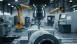 © Igor_Tichonow - Automated robotic arm precision drills a metal workpiece inside a busy modern manufacturing factory floor filled with industrial machinery