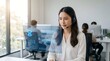 © AW Studio - Professional customer service representative using aipowered holographic interface in a modern office environment