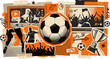 © 成 sнıηяα тєηsєı ツ - Vintage soccer collage with football ball and players, retro sports banner with fans and trophy, orange and black textured athletic vector illustration