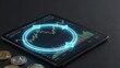 © joeycheung - Digital currency trading on tablet with physical coins nearby, showing market trends.