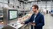 © Jafree - Man operator monitoring automated fruit sorting machine in food factory. Food industry specialist using digital control panel to inspect harvest processing line efficiency and production