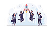 © Lago - Business Team Celebrating Startup Launch with Rocket Illustration