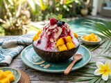 Tropical shaved ice dessert in a coconut shell bowl with tropical refreshing delicious colorful