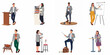 © Maya - Set of professional people in various public speaking, teaching, and business presentation scenarios, vector illustration on white background.