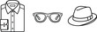 © mdanichur - Men's fashion outline icon collection featuring dress shirt, eyeglasses, fedora hat, and stylish gentleman wardrobe accessories