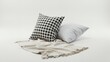 © PixelWright - A black and white gingham check throw pillow paired with a plain white pillow on a soft beige fringed blanket isolated on white background