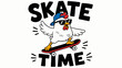 © wiwid - A cartoon chicken wearing sunglasses skateboards quickly outdoors during summer.