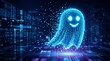 © MdJakir - Glowing blue pixelated ghost with a smiley face in a futuristic digital environment with circuit boards and code
