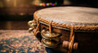 © WealthyMinion - A macro, high-definition photograph of a professional wooden tambourine, focusing on the polished brass jingles and the texture of the goatskin head