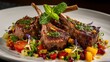 © Olivia - Gourmet Grilled Lamb Chops with Herb Sauce Mango Pomegranate and Fresh Salad Fine Dining Close Up