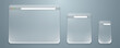 © Designer Salim - Web browser mockup set in liquid glass style for computer, laptop, tablet and mobile screen. Window screen with navigation arrow, refresh, menu icon and search bar. Desktop and smartphone browser.