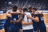 Team huddle on basketball court.