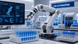 © TransPicHub - A robotic arm in a futuristic lab automates the handling of test tubes filled with blue liquid, monitored by digital DNA and system status displays.