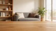 © Ming - Empty wooden table top in modern living room interior with blurred sofa bookshelf and window background suitable for product display mockup home decoration lifestyle and furniture