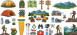 © MST HASMOTARA - Camping hiking equipment and outdoor adventure landscape illustration elements bundle flat vector set