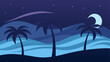 © ruposhi - Nighttime beach scene, tropical landscape, palm trees, moonlit ocean waves, dark blue hues
