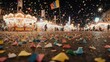 © Leony - Street scene at night with confetti, carnival rides, and people celebrating under lights
