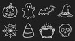 © !jungkirbaliʞ - Eight hand-drawn Halloween doodle icons including a jack-o'-lantern, ghost, and witch hat in white chalk style on a black background