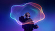 © master1305 - Young woman listening to headphones under colorful digital sound wave mesh. Concept of music streaming app, immersive audio platform, playlist promotion and digital media campaign.