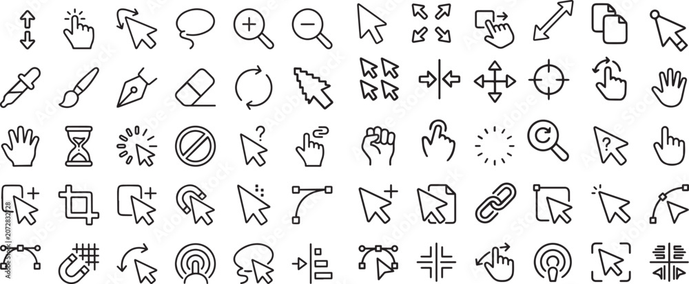 Minimalist computer cursor icons set, black outline mouse pointer ...