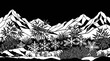 © Feryu - Stilisierte Schwarzweiß-Illustration einer winterlichen Gebirgslandschaft mit detailreichen Schneeflocken und üppigem Buschwerk unter einem dunklen Nachthimmel, perfekt für grafische Designs.
