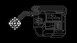 © Hmen - Ilustración vectorial de estilo técnico con líneas blancas sobre fondo negro que representa un esquema de circuito electrónico abstracto con nodos de conexión y diagramas de flujo de datos