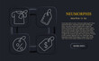 © Anastasia - Pricing label set icon. T shirt with tag, blank tag, percent label, dollar price tag displayed in neumorphic square buttons with thin outline lines, soft shadow, dark interface background