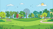 © 7sevenGr - 晴れた日の公園の風景を描いたフラットデザインのイラストで、緑豊かな木々や芝生、ベンチ、小道が描かれた平和でリラックスできる自然環境の背景素材です。