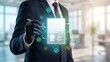 © NK - Businessman holding pen touching digital document with signature, seal and check icons, electronic signature, document approval, contract certification and verification concept