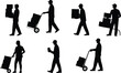 © anisur-creatives - Warehouse delivery worker silhouettes carrying boxes and pushing hand trucks in various logistics and shipping poses for vector illustration design