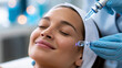 © Nataliya - Exosome facial therapy cosmetic procedure close-up, anti-aging technology and regenerative aesthetic medicine concept, defocused, with copy space