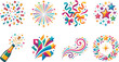 © Mehedi - Set of colorful festive celebration vector elements featuring fireworks, champagne, confetti, stars, ribbons, and decorative holiday motifs