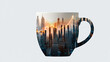 © Olga Ко - Business morning coffee concept. Double exposure of a coffee cup with a modern city skyline and an upward glowing financial stock chart arrow. Corporate growth and financial success