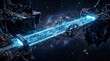 ©  DreamBuild Studio - A sleek, modern spaceship bridge connects modules in deep space with a bright blue illuminated corridor.