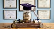© lianlian liang - Dream fund savings concept for university featuring graduation cap coin jar cash and finance book.