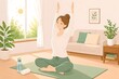 © Pastel Life Art - 朝リビングでヨガをする若い女性のライフスタイルイラスト