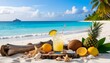 © Rayn - A refreshing summer drink on a white sand beach surrounded by fresh pineapple, coconut, citrus fruits, and seashells, with a luxury yacht on the turquoise ocean background.