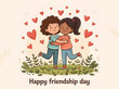 © Sheuli - Two young friends hugging each other in a grassy field with floating red hearts and the text happy friendship day below them