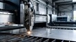 © AlignedArt - modern cnc laser cutting machine closeup processing precision metal sheet inside advanced fabrication facility with copy space for engineering marketing