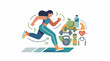 © Cuyu - A woman in athletic wear runs on a mat surrounded by fitness equipment and healthy food