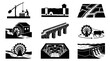 © Bagas - Set of black and white historical engineering and water management icons, featuring ancient construction, bridges, and irrigation systems