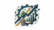 © Red - A stylized graphic illustration of a plant growing from a stack of coins surrounded by a gear with arrows and graphs