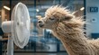 © Olga Ко - Funny fluffy alpaca enjoying cool wind from an electric fan in a hot summer office. Extreme heatwave relief concept