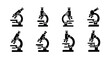 © @_ greta - Collection of eight black microscope icons on a white background.