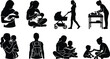 © Creative Visual   - Childcare and parenting silhouettes with baby feeding, stroller, reading, and playtime activities