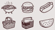© Afiya bano - Summer picnic food icons set featuring barbecue grill hamburger hot dog wicker basket cooler and watermelon slice hand drawn vector illustration collection outdoor feast