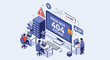 © Liakot - Isometric scene showing technical support team troubleshooting system server 404 page not found error website.