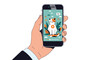 © Danish - Close-up of a hand holding a modern smartphone displaying a cute animated cat video with a play button on the bright screen.